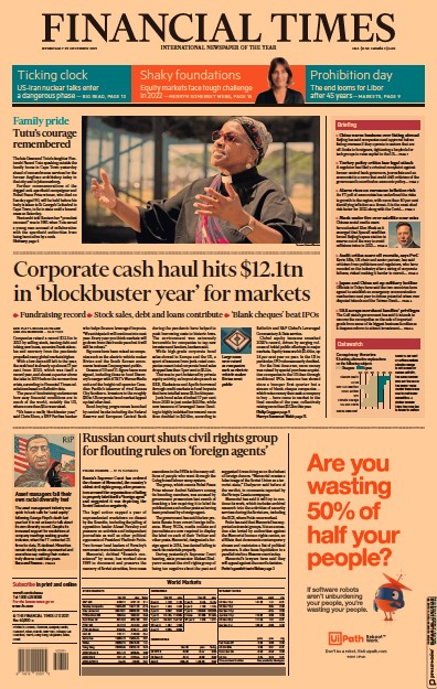Financial Times (UK) Newspaper Front Page for 29 December 2021