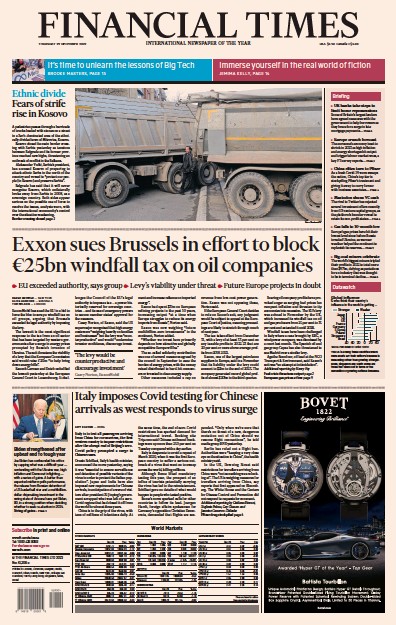 Financial Times (UK) Newspaper Front Page for 29 December 2022