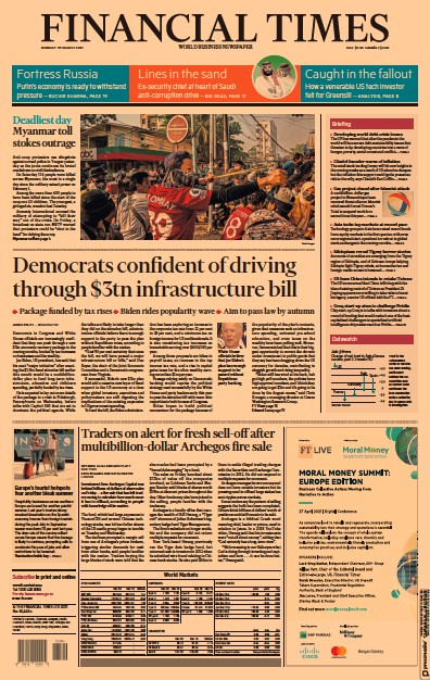 Financial Times (UK) Newspaper Front Page for 29 March 2021