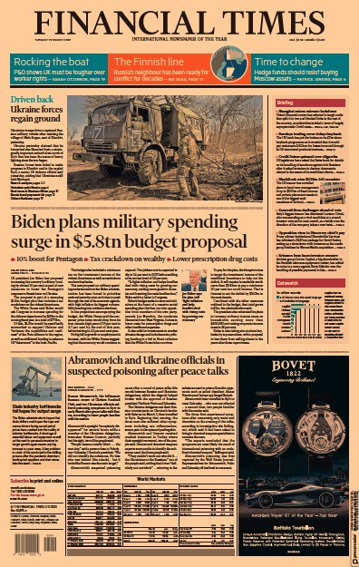 Financial Times Newspaper Front Page for 29 March 2022