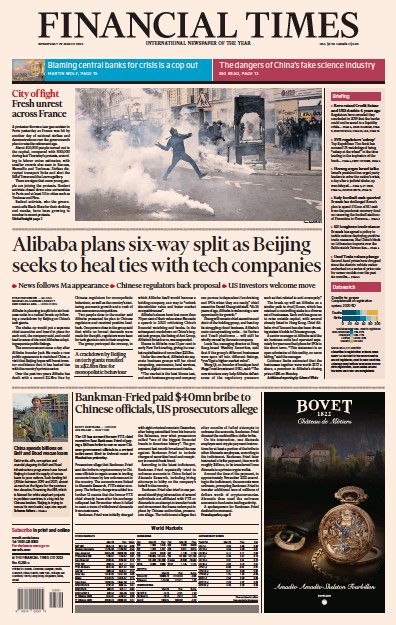 Financial Times (UK) Newspaper Front Page for 29 March 2023