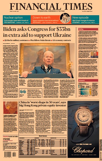 Financial Times Newspaper Front Page for 29 April 2022