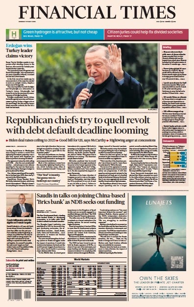 Financial Times (UK) Newspaper Front Page for 29 May 2023