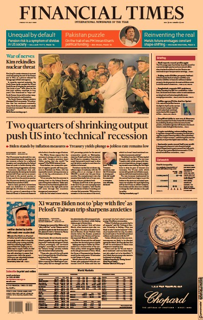 Financial Times Newspaper Front Page for 29 July 2022