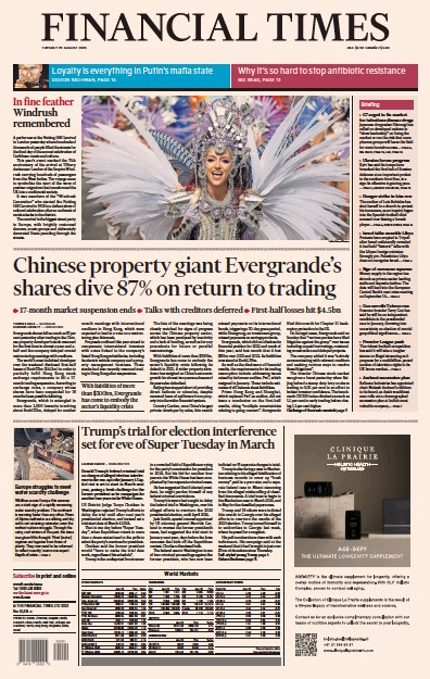 Financial Times (UK) Newspaper Front Page for 29 August 2023