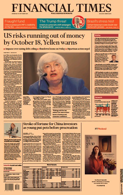 Financial Times (UK) Newspaper Front Page for 29 September 2021