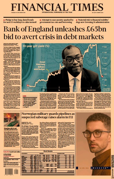 Financial Times (UK) Newspaper Front Page for 29 September 2022