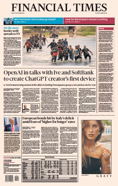 Financial Times Newspaper Front Page for 29 September 2023