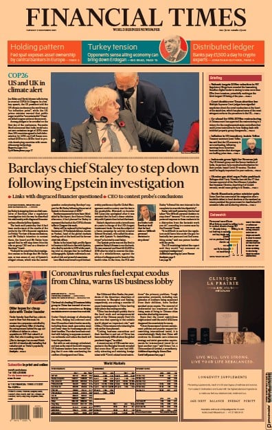 Financial Times (UK) Newspaper Front Page for 2 November 2021