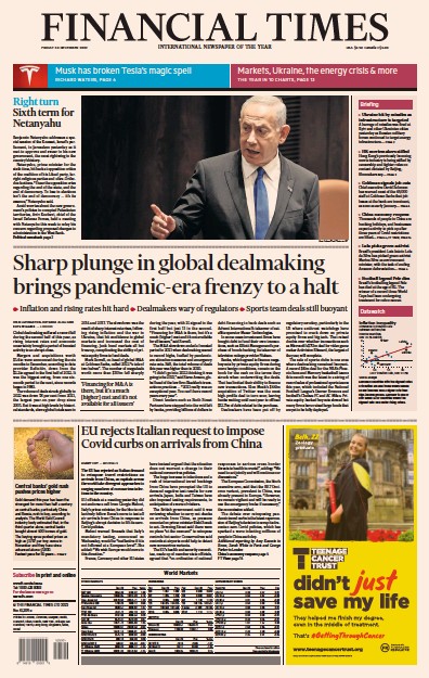 Financial Times (UK) Newspaper Front Page for 2 January 2023