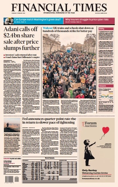 Financial Times (UK) Newspaper Front Page for 2 February 2023