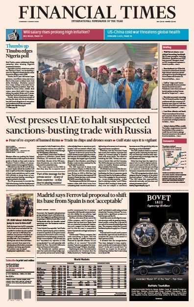 Financial Times (UK) Newspaper Front Page for 2 March 2023