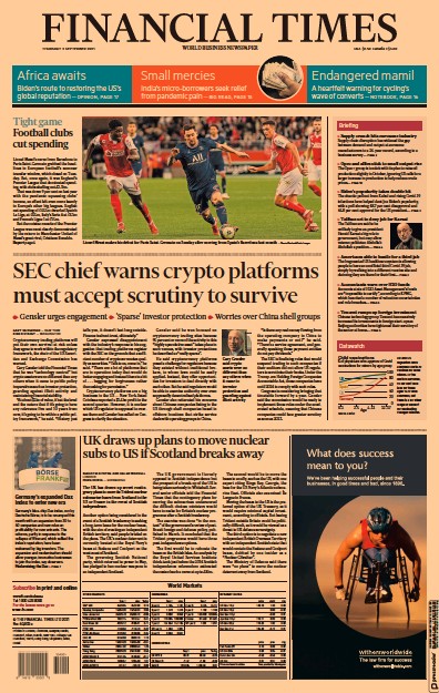 Financial Times (UK) Newspaper Front Page for 2 September 2021