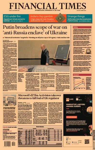 Financial Times (UK) Newspaper Front Page for 2 September 2022