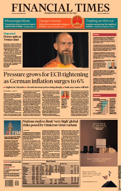 Financial Times (UK) Newspaper Front Page for 30 November 2021