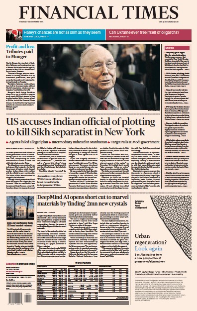 Financial Times (UK) Newspaper Front Page for 30 November 2023