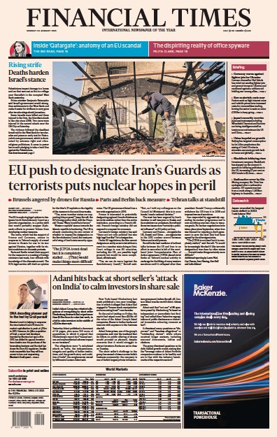 Financial Times (UK) Newspaper Front Page for 30 January 2023
