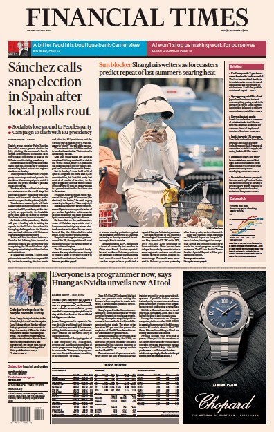 Financial Times (UK) Newspaper Front Page for 30 May 2023