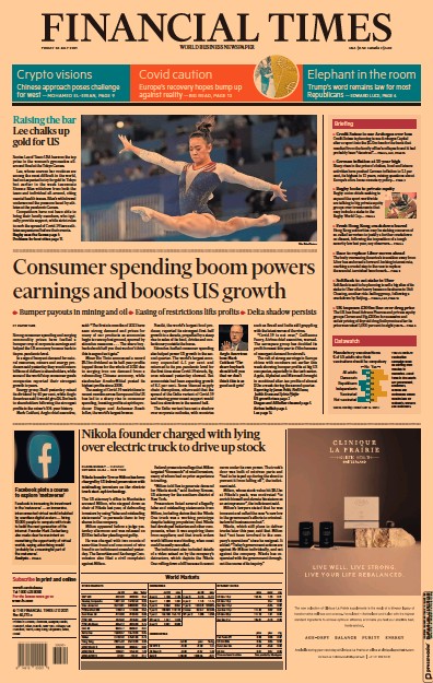 Financial Times (UK) Newspaper Front Page for 30 July 2021