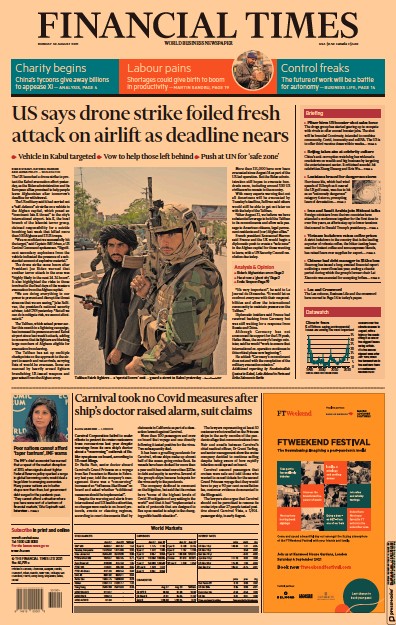 Financial Times (UK) Newspaper Front Page for 30 August 2021