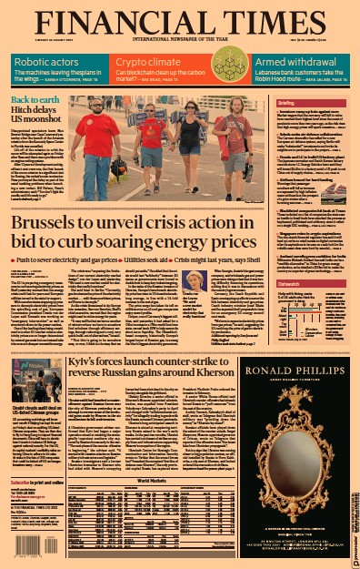 Financial Times (UK) Newspaper Front Page for 30 August 2022