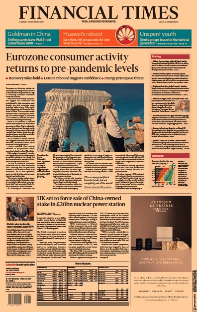Financial Times (UK) Newspaper Front Page for 30 September 2021