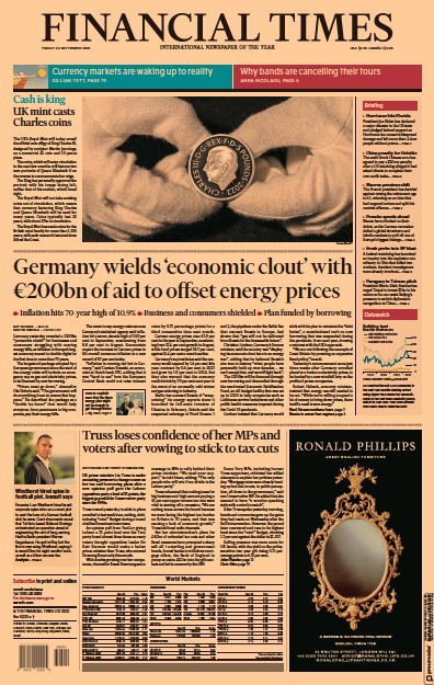 Financial Times (UK) Newspaper Front Page for 30 September 2022