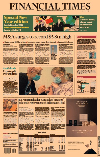 Financial Times (UK) Newspaper Front Page for 31 December 2021