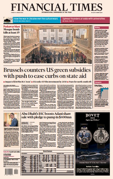 Financial Times (UK) Newspaper Front Page for 31 January 2023