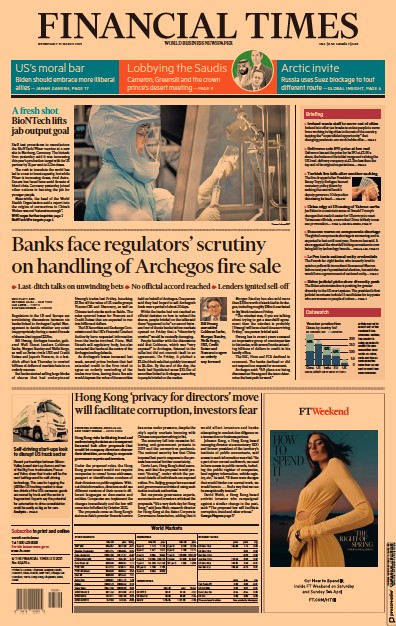 Financial Times (UK) Newspaper Front Page for 31 March 2021