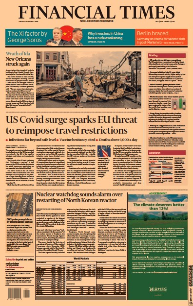 Financial Times (UK) Newspaper Front Page for 31 August 2021