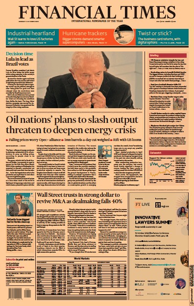 Financial Times Newspaper Front Page for 3 October 2022