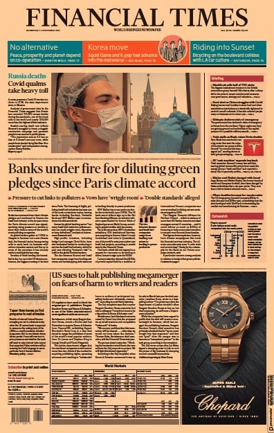 Financial Times (UK) Newspaper Front Page for 3 November 2021