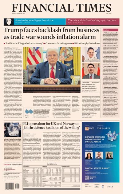 Financial Times (UK) Newspaper Front Page for 3 February 2025