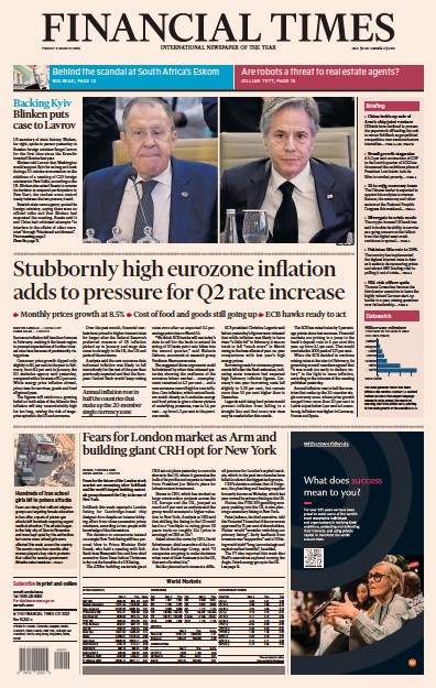 Financial Times (UK) Newspaper Front Page for 3 March 2023