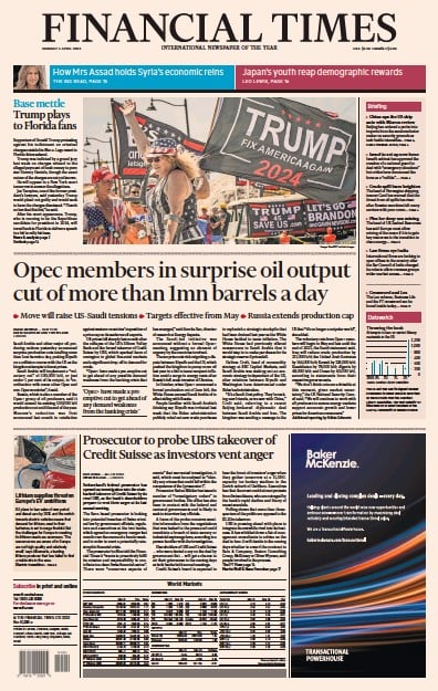 Financial Times (UK) Newspaper Front Page for 3 April 2023