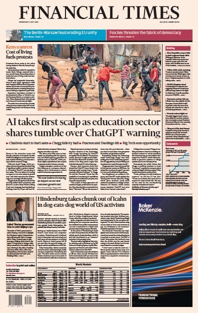 Financial Times (UK) Newspaper Front Page for 3 May 2023