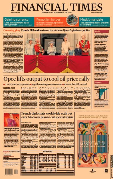 Financial Times (UK) Newspaper Front Page for 3 June 2022