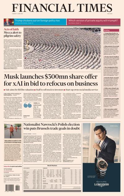 Financial Times (UK) Newspaper Front Page for 3 June 2025