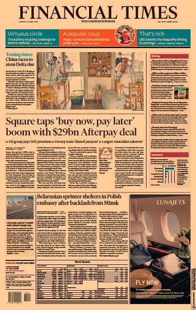 Financial Times (UK) Newspaper Front Page for 3 August 2021