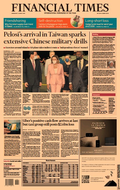 Financial Times (UK) Newspaper Front Page for 3 August 2022