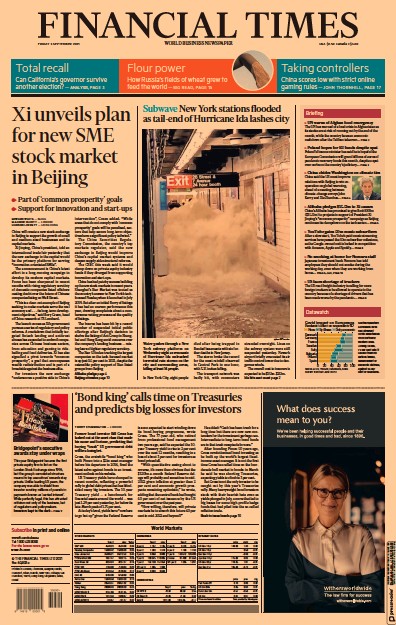 Financial Times (UK) Newspaper Front Page for 3 September 2021