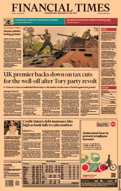 Financial Times (UK) Newspaper Front Page for 4 October 2022