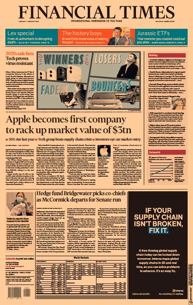 Financial Times (UK) Newspaper Front Page for 4 January 2022