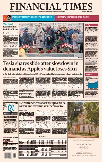 Financial Times (UK) Newspaper Front Page for 4 January 2023