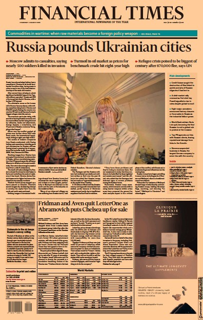 Financial Times Newspaper Front Page for 4 March 2022