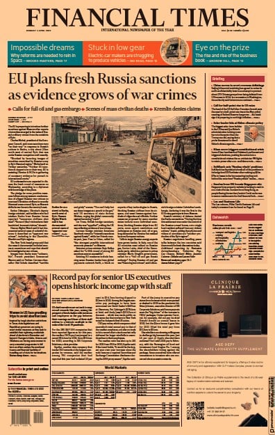 Financial Times (UK) Newspaper Front Page for 4 April 2022
