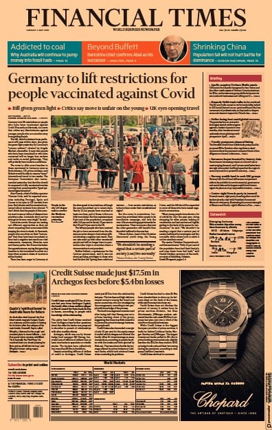 Financial Times (UK) Newspaper Front Page for 4 May 2021