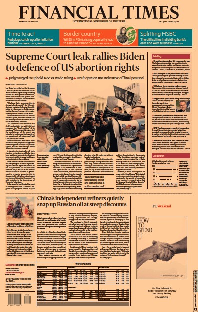Financial Times (UK) Newspaper Front Page for 4 May 2022