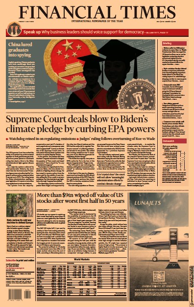 Financial Times Newspaper Front Page for 4 July 2022